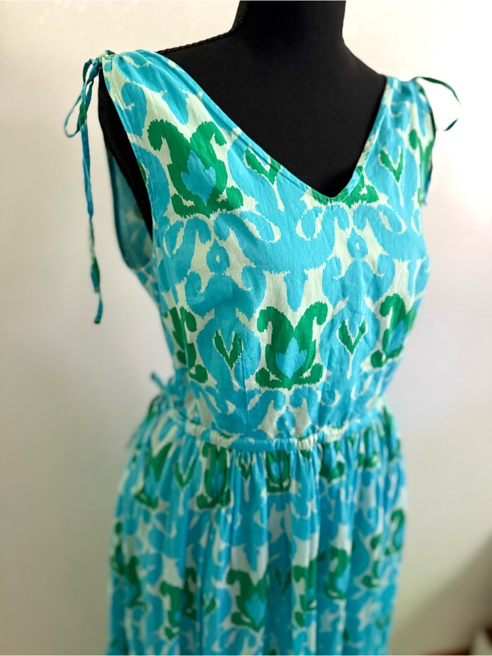 Talbots Blue Green Ikat Print Cotton Maxi Dress Size 4 - Picture 3 of 11